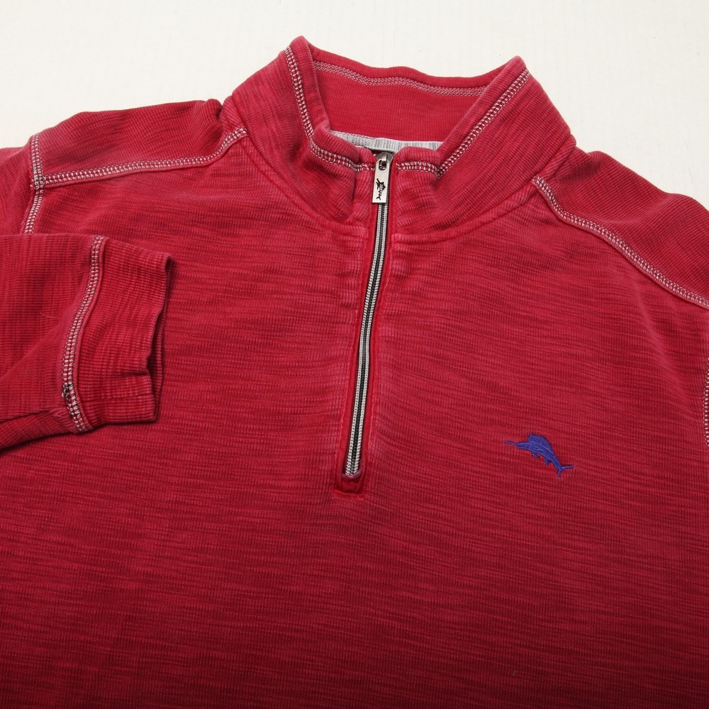 Tommy Bahama Sweater Mens XL Red Quarter Zip Pullover Pima Cotton Marlin